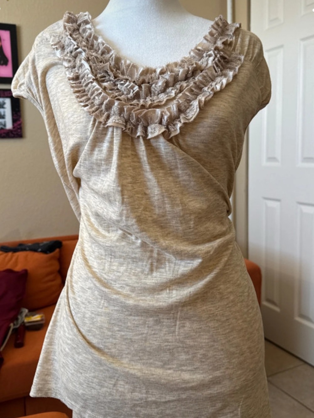 Chenault Beige Ruffle Neck Mini Dress
